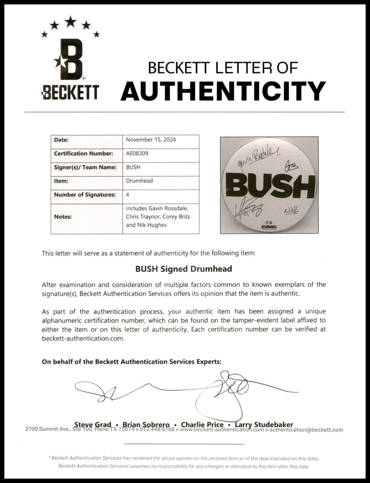 Bush Signed Drumhead Signed By All 4 Band Members Gavin Rossdale Beckett