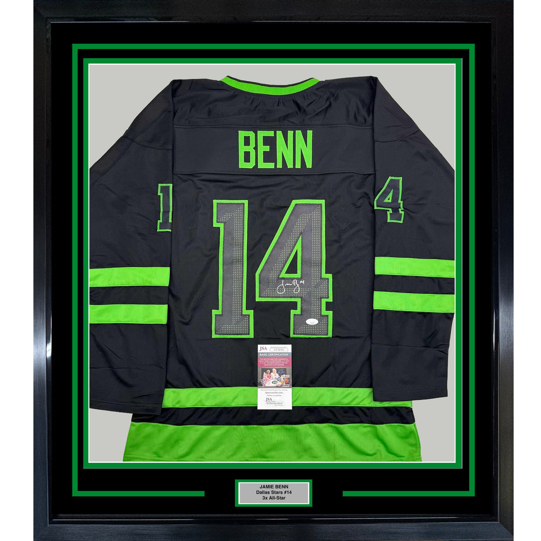 Framed Autographed/Signed Jamie Benn 35x39 Dallas Black Hockey Jersey JSA COA