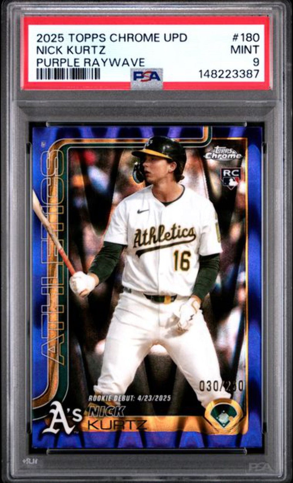 Graded 2025 Topps Chrome Nick Kurtz #180 /250 Purple Raywave Rookie Card PSA 9