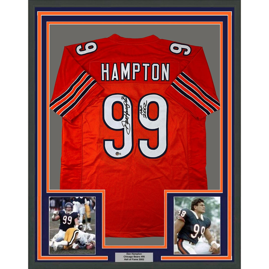 Framed Autographed/Signed Dan Hampton 35x39 HOF 2002 Orange Jersey BAS COA