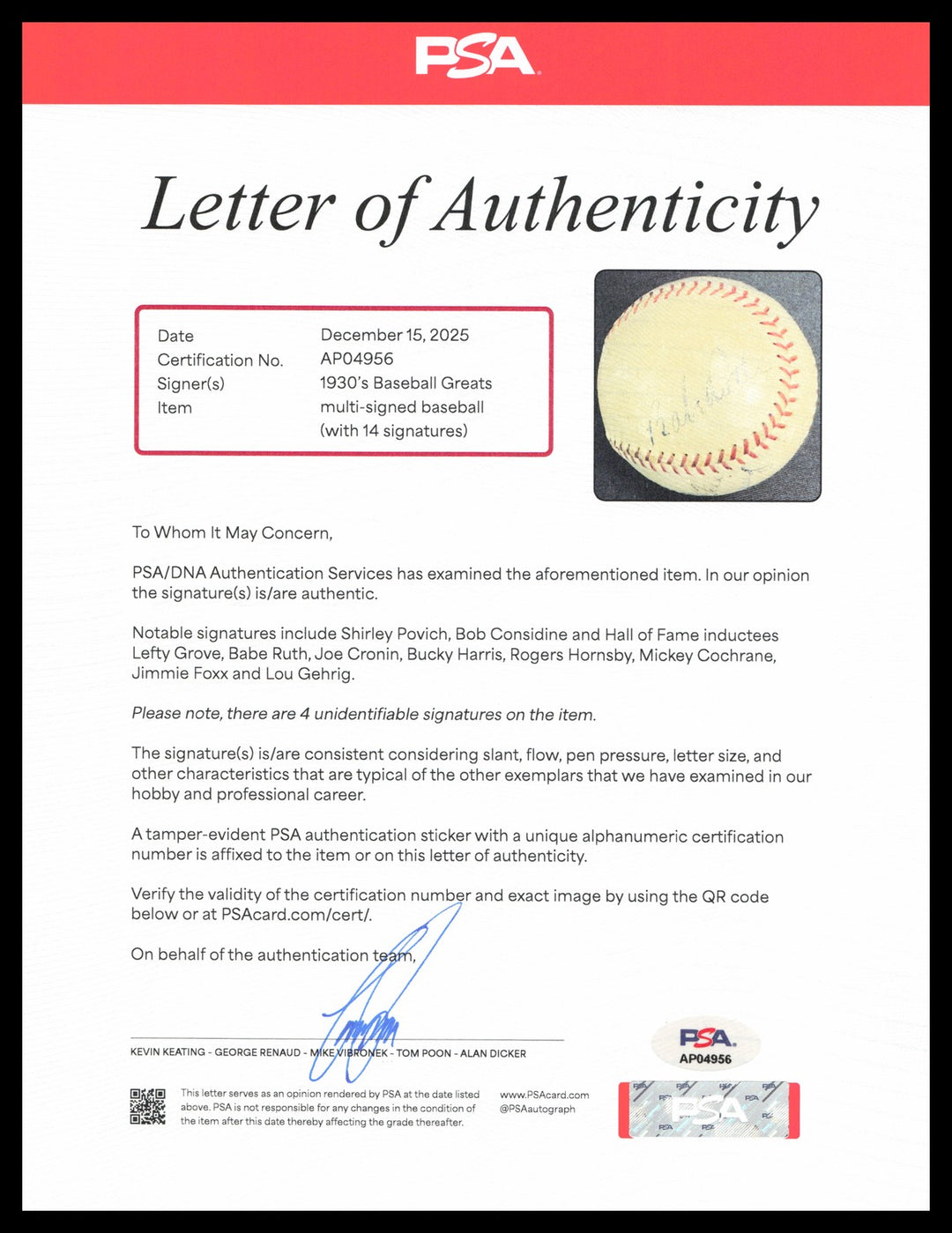 1930's Greats Auto AL Baseball 14 Sigs Babe Ruth, Lou Gehrig Jimmie Foxx PSA/DNA