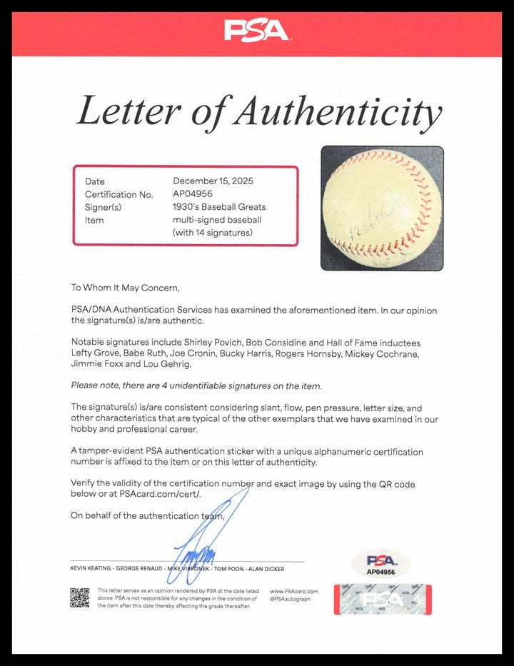 1930's Greats Auto AL Baseball 14 Sigs Babe Ruth, Lou Gehrig Jimmie Foxx PSA/DNA