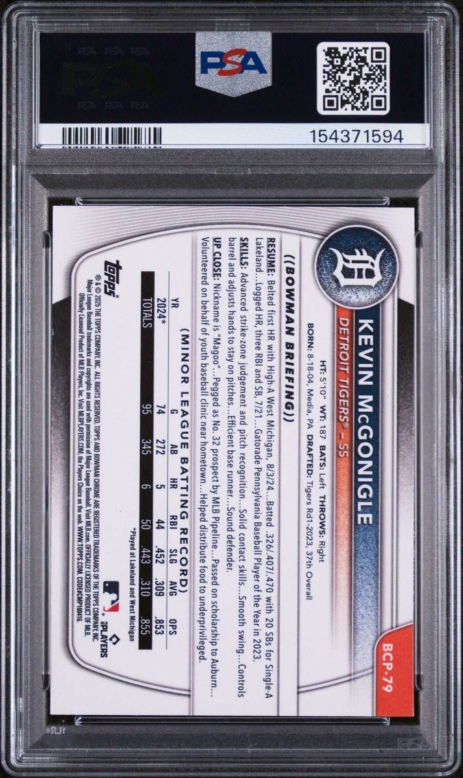 Graded 2025 Bowman Chrome Kevin McGonigle #BCP79 Prospects RC Card PSA 10