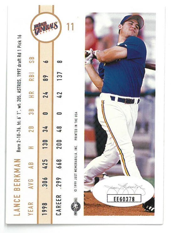 Lance Berkman signed 1999 Just Minors Rookie Baseball On Card  Auto #11 - JSA