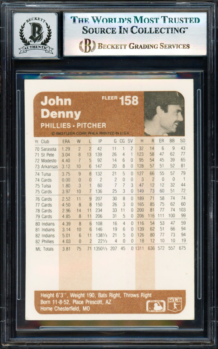 John Denny Signed 1983 Fleer Card 158 Phillies Auto GM 10 Beckett #17830088