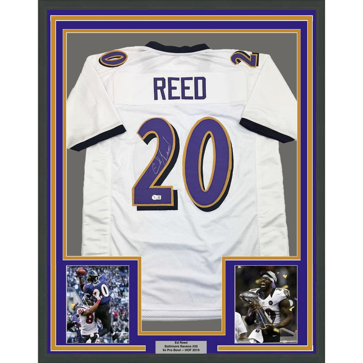 Framed Autographed/Signed Ed Reed 35x39 Baltimore White Jersey Beckett COA