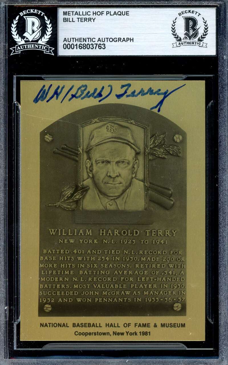 Bill Terry Beckett BAS Signed Gold Metallic Hall of Fame Plaque Autograph
