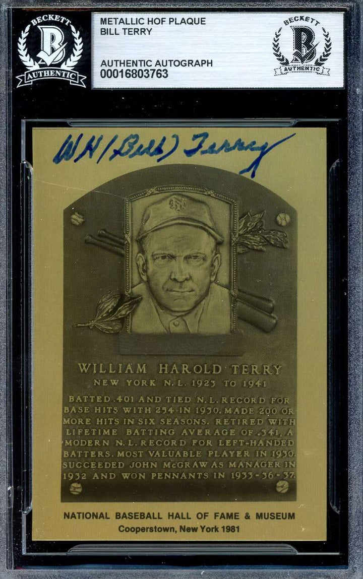 Bill Terry Beckett BAS Signed Gold Metallic Hall of Fame Plaque Autograph