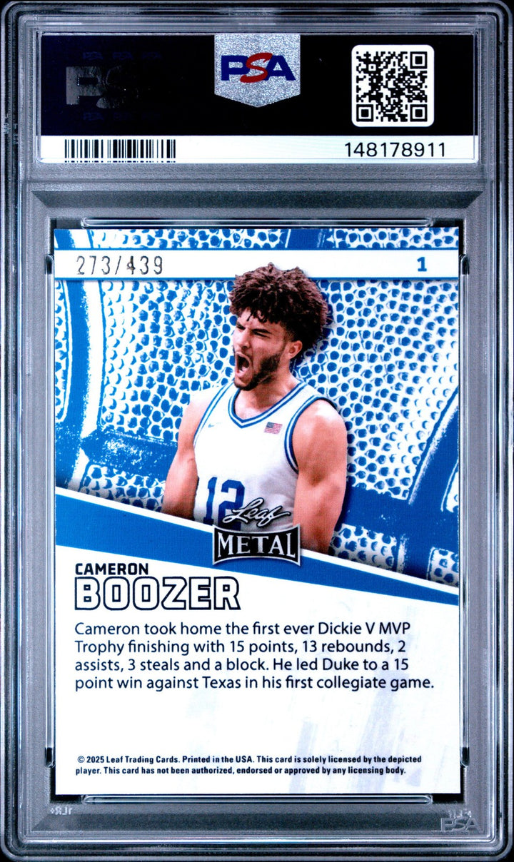 Graded 2025 Leaf Cameron Boozer #1 /439 Rookie Basketball Card PSA 10 Gem Mint