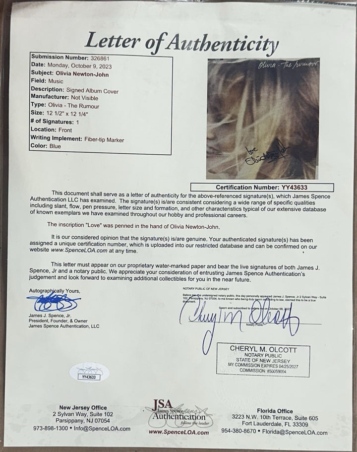 Olivia Newton John Signed The Rumour Framed Album Love Auto Mint JSA Loa Letter