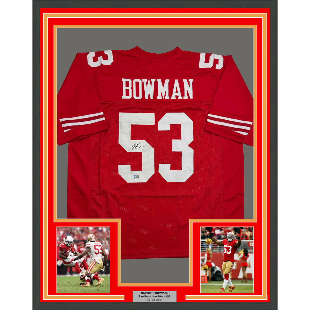 Framed Autographed/Signed NaVorro Bowman 35x39 SF Red Jersey Beckett BAS COA