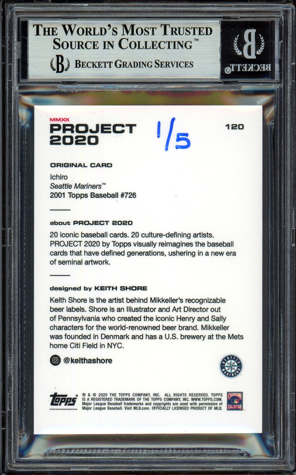 Ichiro Suzuki Signed Topps Project 2020 Keith Shore Card 120 Gold #1/5 Beckett