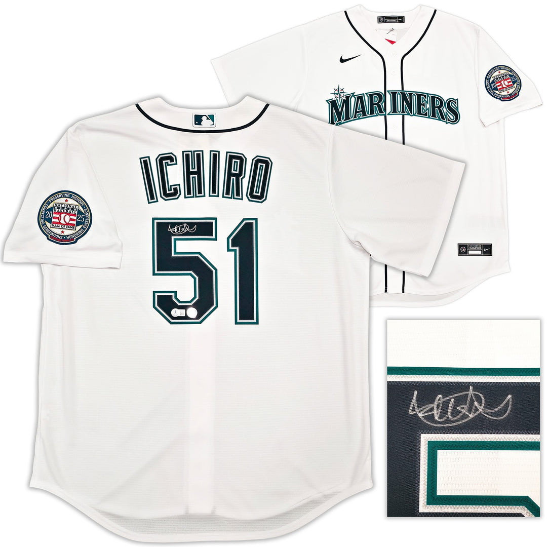 Mariners Ichiro Suzuki Auto White Nike HOF Patch Jersey Size XL Beckett Witness