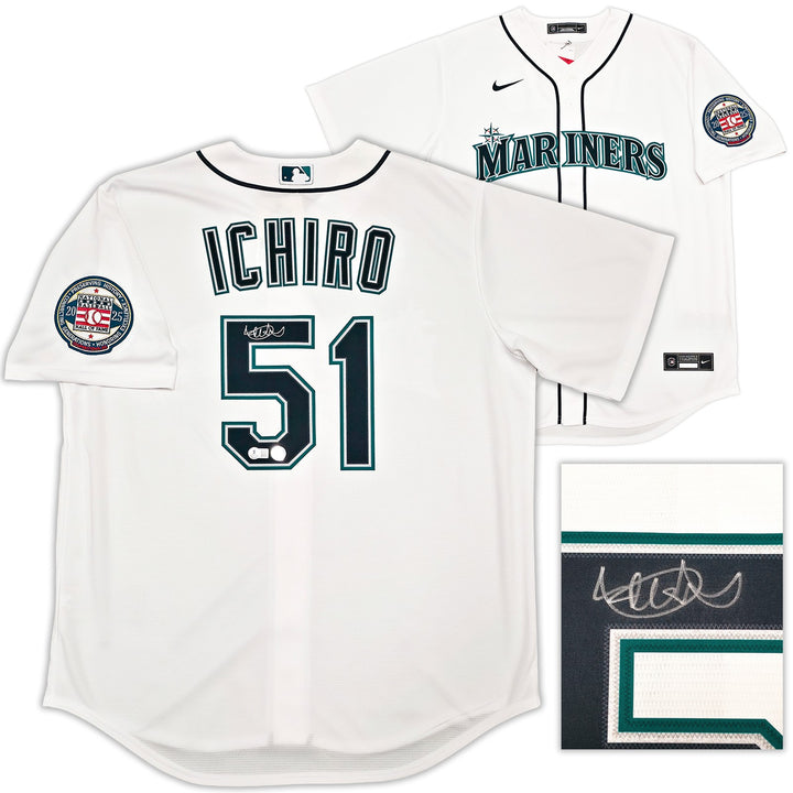 Mariners Ichiro Suzuki Auto White Nike HOF Patch Jersey Size XL Beckett Witness