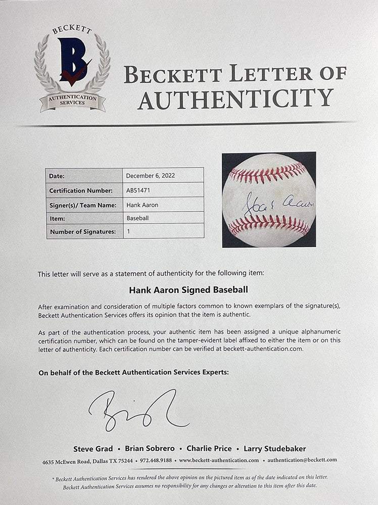 Hank Aaron Milwaukee Braves Signed National League Baseball BAS LOA 471