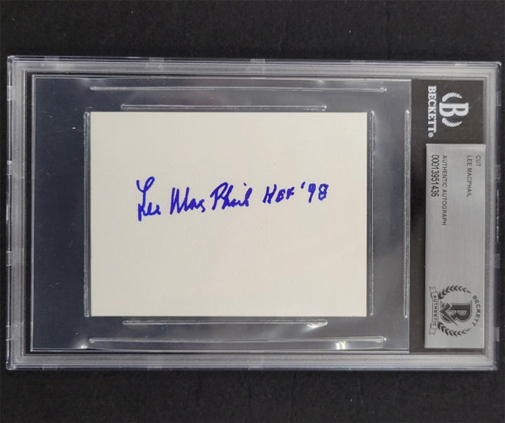 Lee MacPhail signed "HOF 98" cut 3x4 index card autograph ~ Beckett BAS