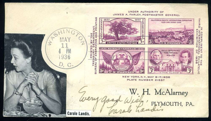 Carole Landis PSA DNA Coa Signed 1936 FDC Cache Rare Autograph