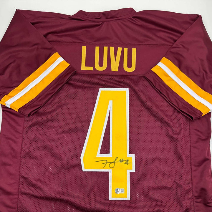 Autographed/Signed Frankie Luvu Washington Burgundy Jersey Beckett COA