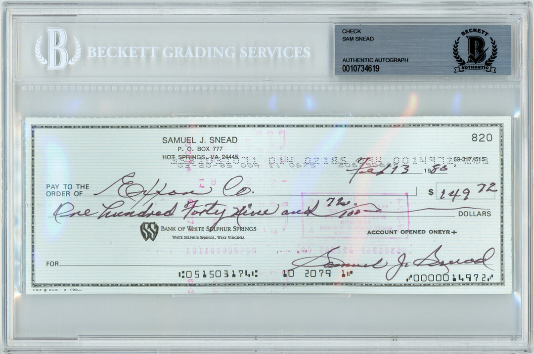 Sam Snead PGA/Golf 3x8 Bank Check Signed In Black Beckett BAS #0010734619