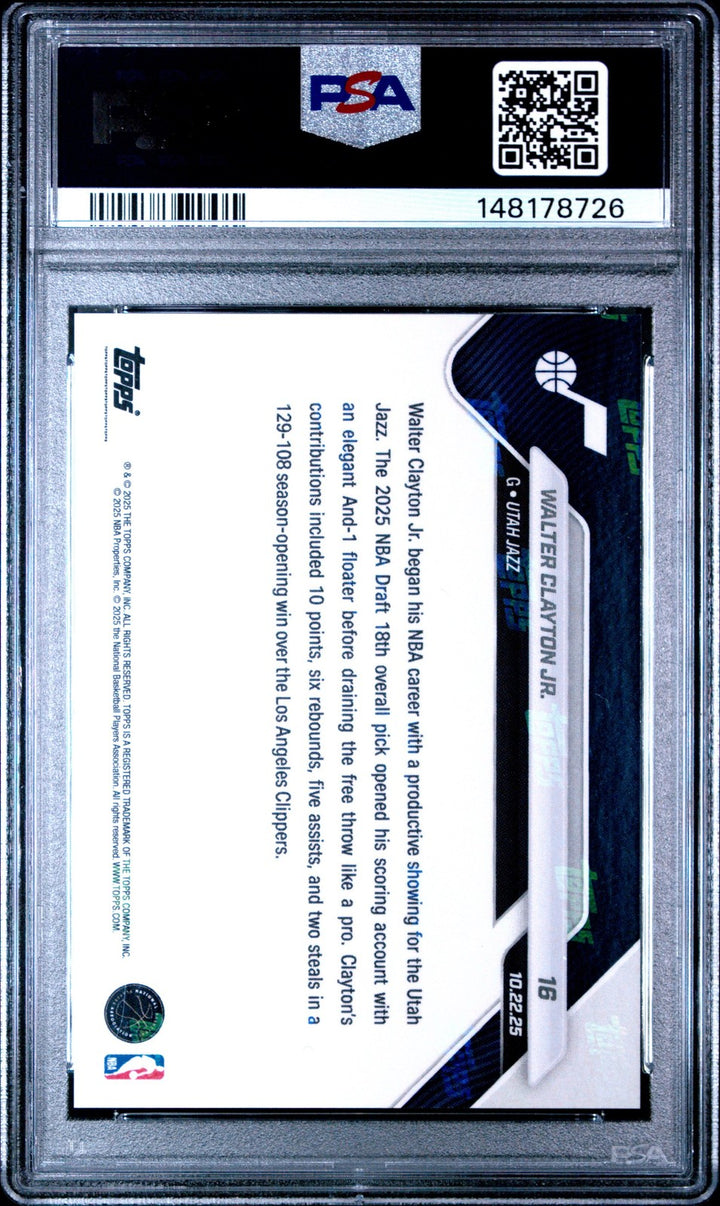 Graded 2025 Topps Now Walter Clayton Jr. #16 Rookie RC Card PSA 10 Gem Mint