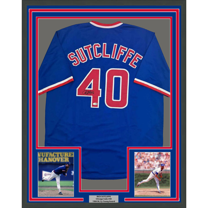 Framed Autographed/Signed Rick Sutcliffe 35x39 Chicago Blue Jersey Beckett COA