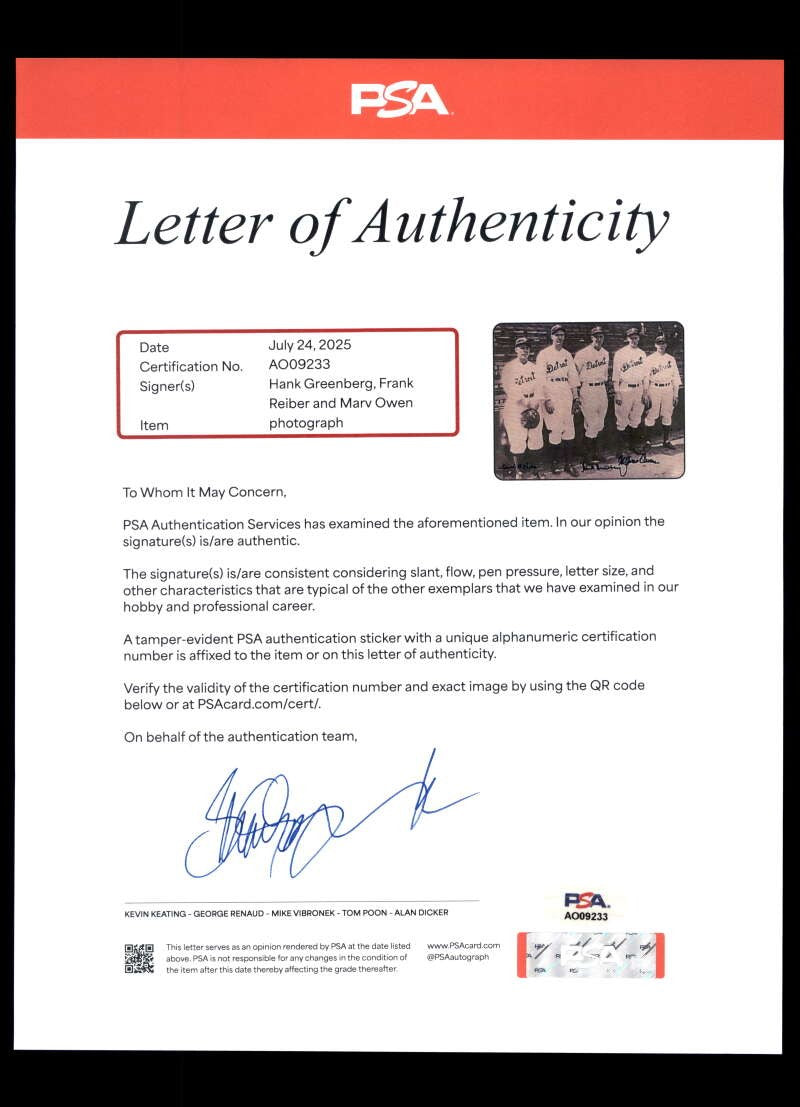 Greenberg Owen Reiber PSA DNA Loa Signed by 3 8x10 Photo Autograph Tigers