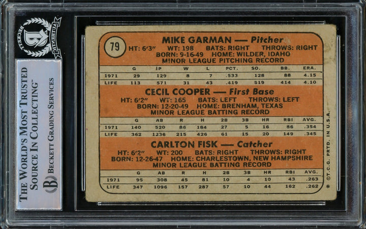 Carlton Fisk, Cecil Cooper & Mike Garman Auto Signed 1972 Topps Card 79 Beckett