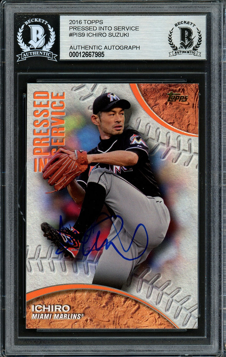 Ichiro Suzuki Signed 2016 Topps Pressed Into Service Card PIS-9 Marlins Beckett
