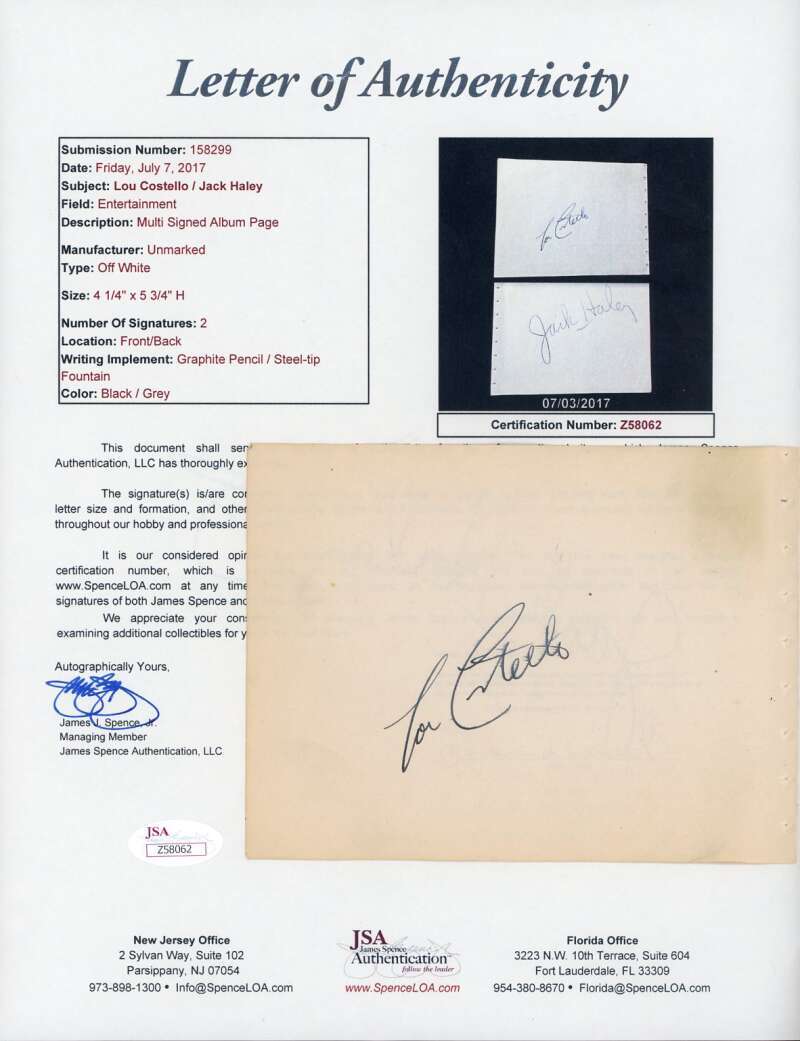 Lou Costello Jack Haley JSA LOA Signed Vintage Album Page Autograph
