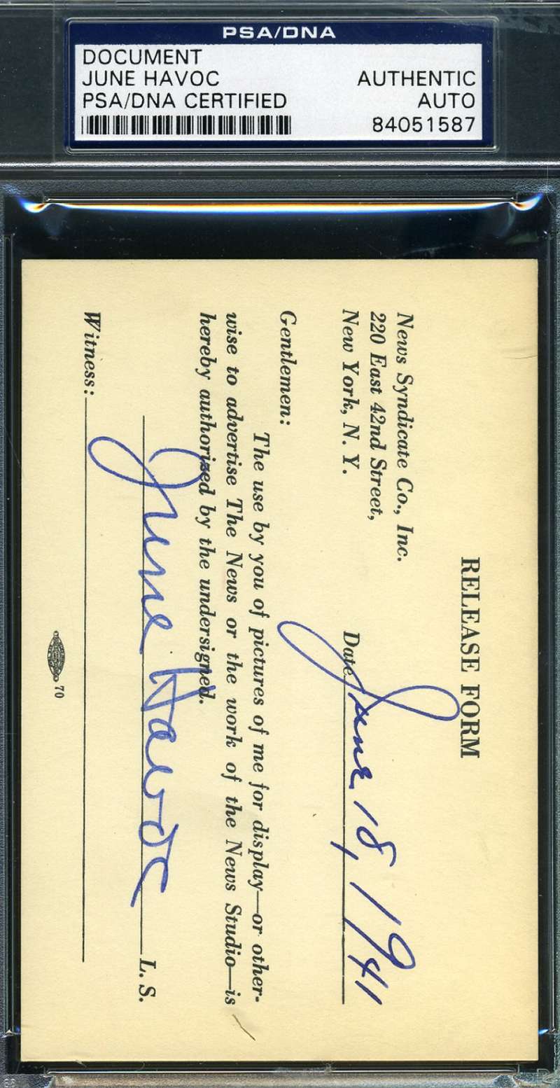 June Havoc Hand Signed Psa Dna 1941 Release Form Autographed Authentic
