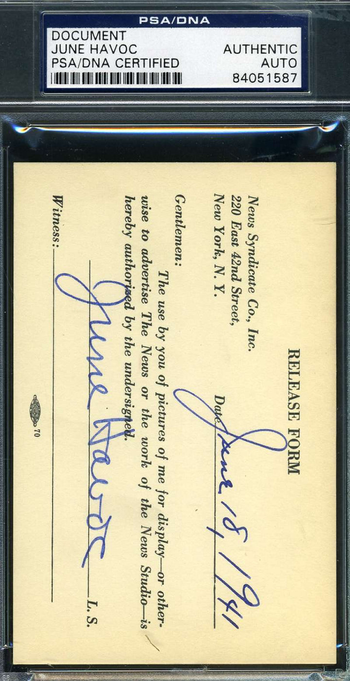 June Havoc Hand Signed Psa Dna 1941 Release Form Autographed Authentic
