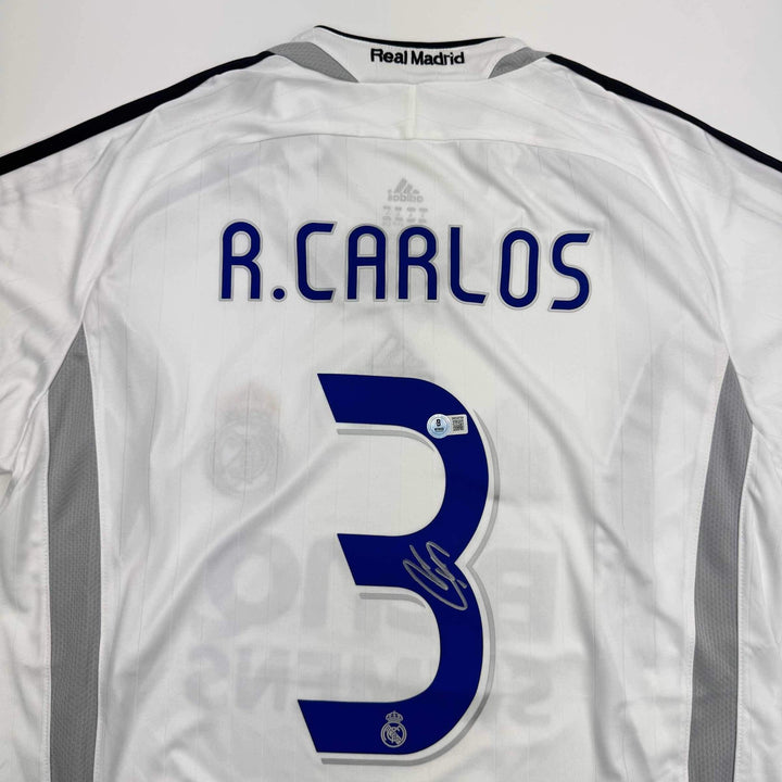 Autographed/Signed Roberto Carlos Real Madrid White Jersey Beckett BAS COA