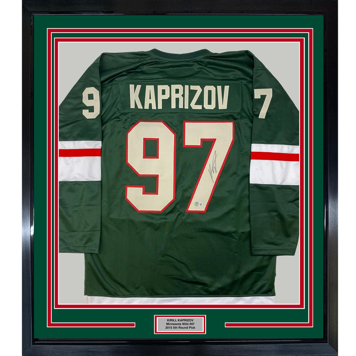 Framed Autographed/Signed Kirill Kaprizov 33x42 Minnesota Green Jersey BAS COA