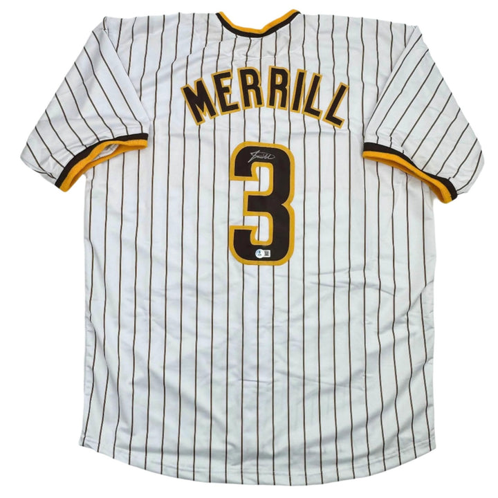 Autographed/Signed Jackson Merrill San Diego Pinstripe Jersey BAS COA