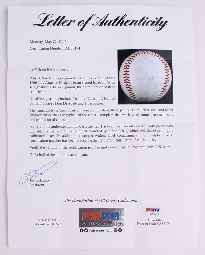 DODGERS TEAM SIGNED 1966 OFFICIAL SPALDING BALL DRYSDALE SUTTON TORBORG LEFEBVRE