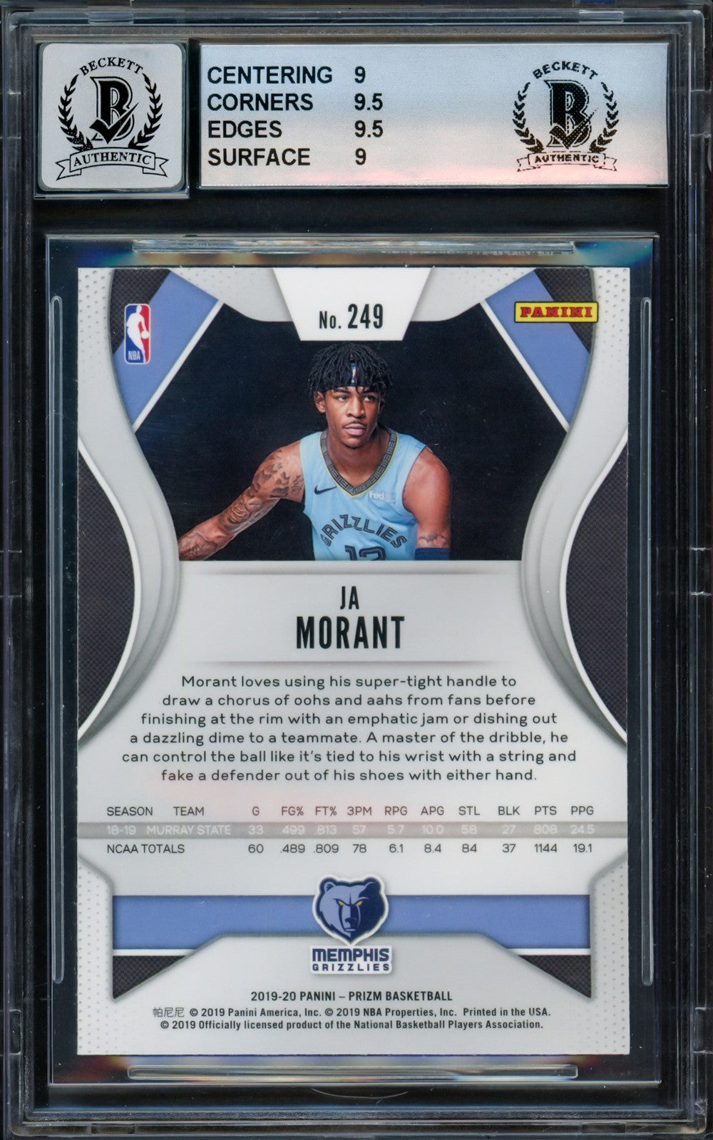 Ja Morant Signed 2019-20 Panini Prizm RC 249 Grizzlies BGS 9 Auto Mint 9 Beckett