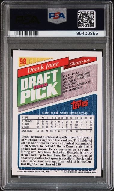 Graded 1993 Topps Derek Jeter #98 Rookie RC Baseball Card PSA 9 Mint