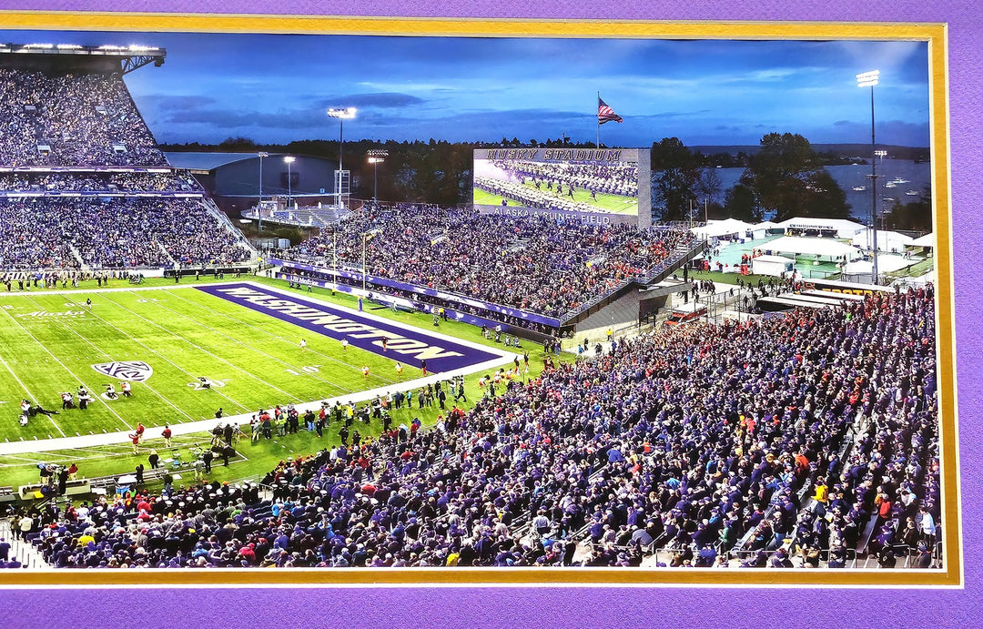 Unsigned Framed 12x36 Panoramic Photo Washington Huskies Night Game