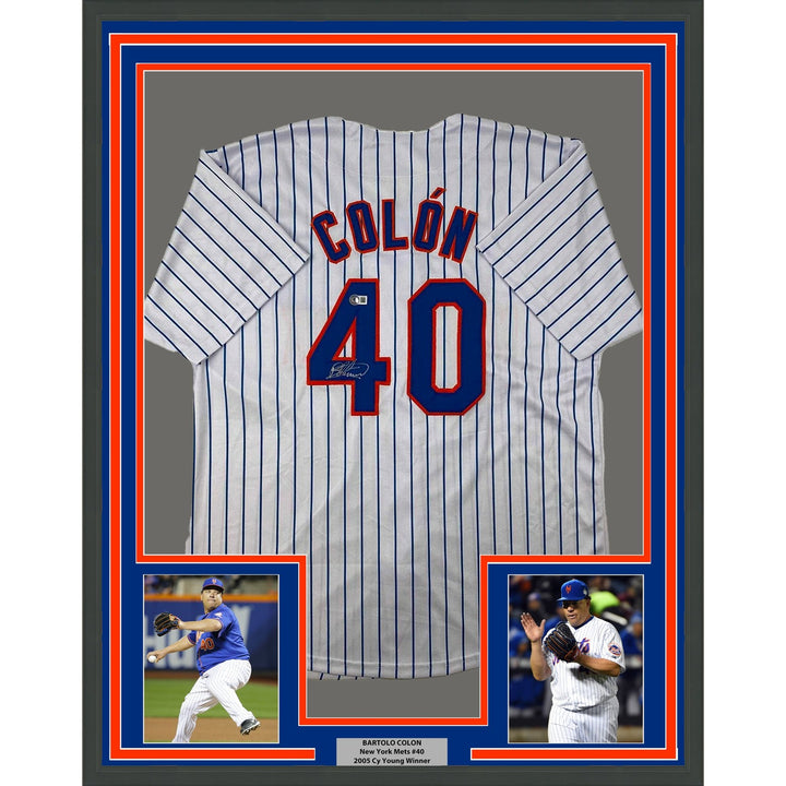Framed Autographed/Signed Bartolo Colon 33x42 New York Pinstripe Jersey COA