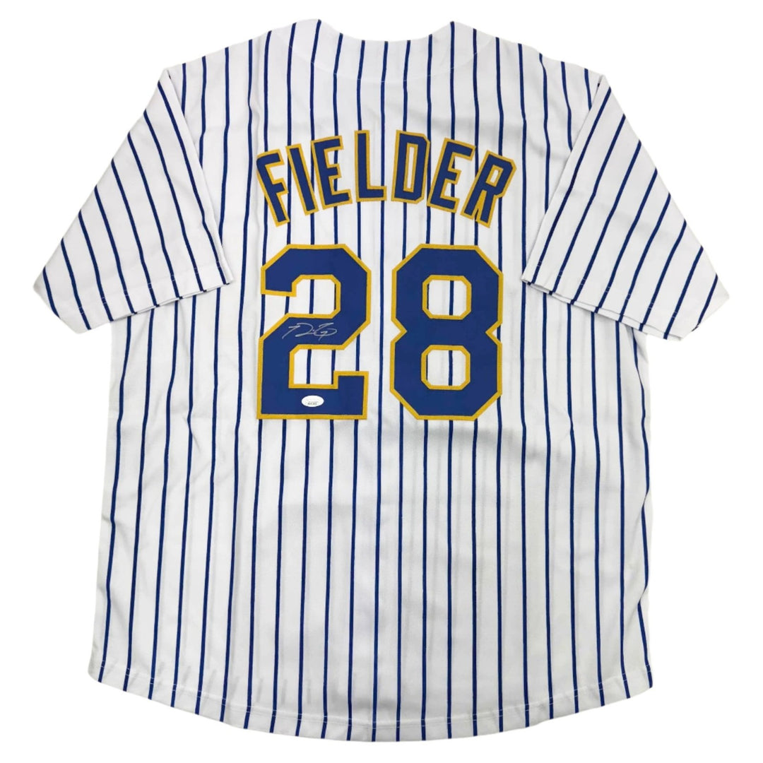 Autographed/Signed Prince Fielder Milwaukee White Pinstripe Jersey JSA COA