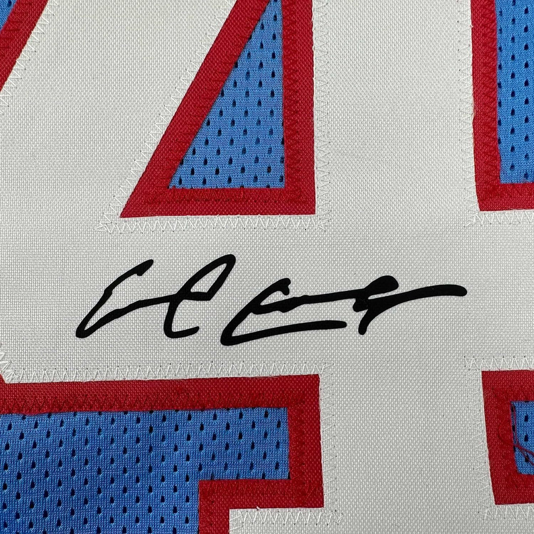 Framed Facsimile Autographed Earl Campbell 33x42 Blue Reprint Laser Auto Jersey