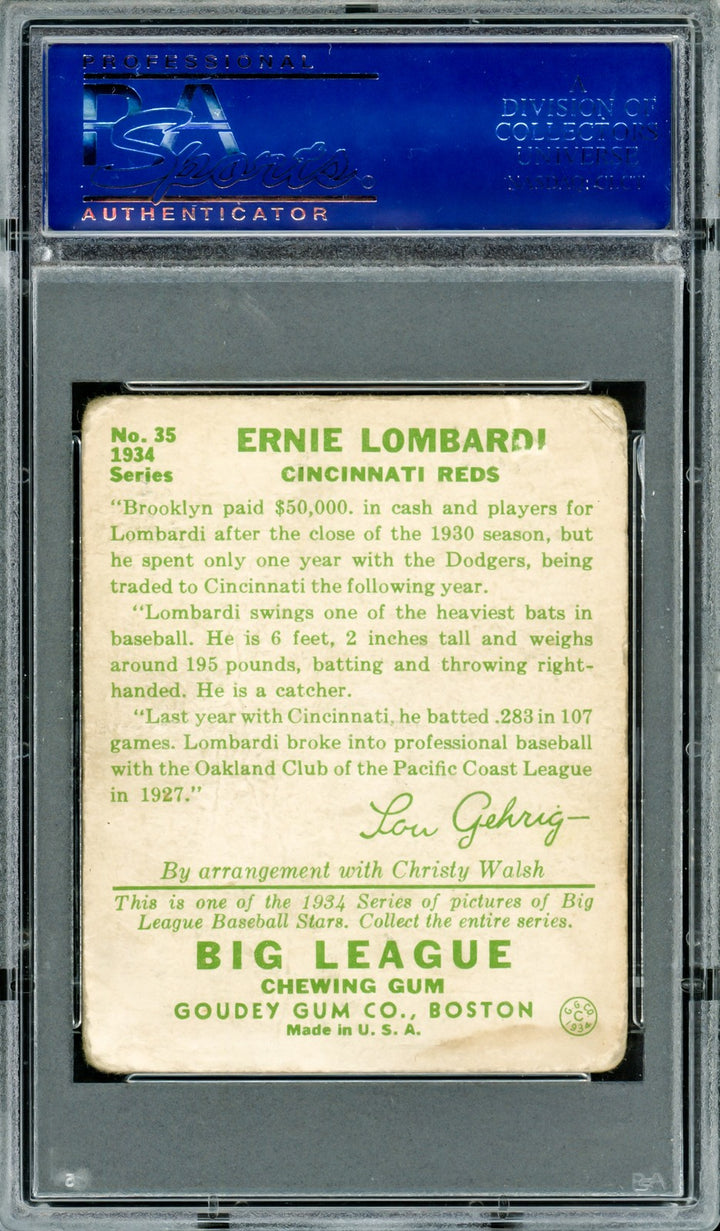 Ernie Lombardi Signed 1934 Goudey Rookie Card #35 Cincinnati Reds PSA/DNA