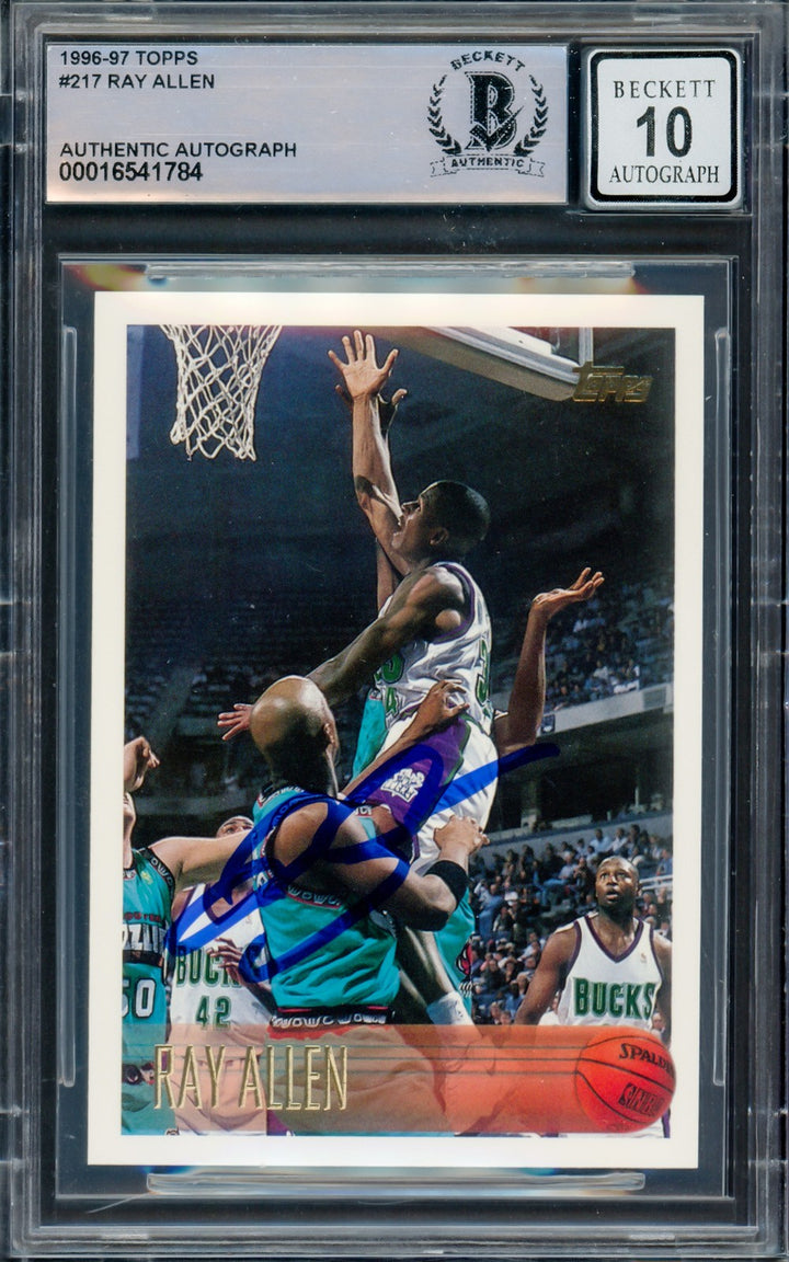 Ray Allen Signed 1996 Topps RC 217 Milwaukee Bucks Auto GM 10 Beckett
