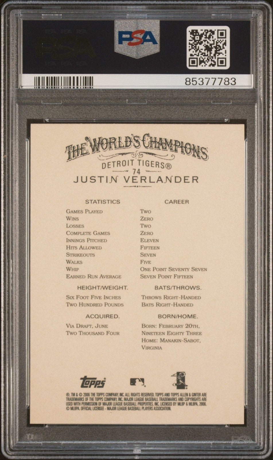 Graded 2006 Topps Allen & Ginter Justin Verlander #74 RC Baseball Card PSA 10