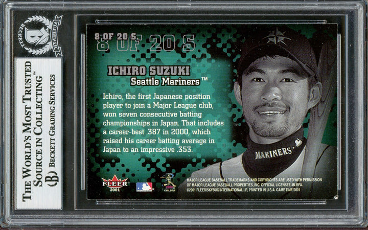 Ichiro Suzuki Signed 2001 Fleer Game Time Sticktoitiveness RC 8 Mariners Beckett