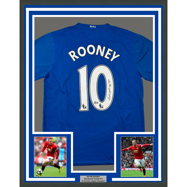 Framed Autographed/Signed Wayne Rooney 35x39 United Blue Jersey BAS COA