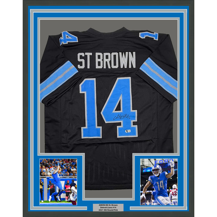Framed Autographed/Signed Amon-Ra St. Brown 35x39 Detroit Black Jersey BAS COA