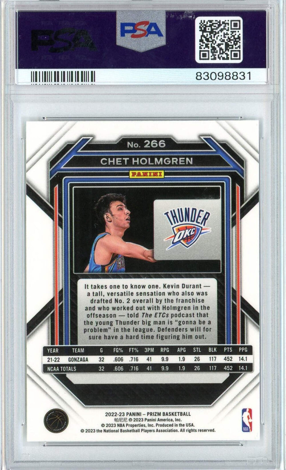 Graded 2022 Panini Prizm Chet Holmgren #266 Rookie RC Basketball Card PSA 10 Gem