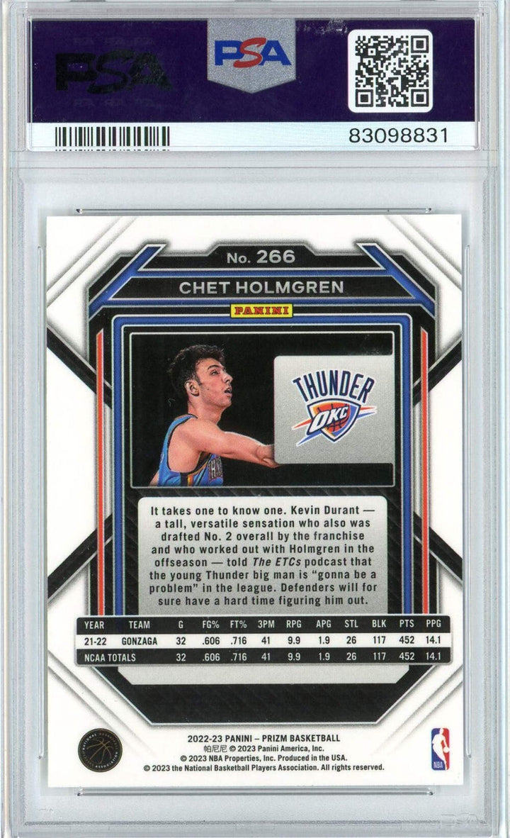 Graded 2022 Panini Prizm Chet Holmgren #266 Rookie RC Basketball Card PSA 10 Gem