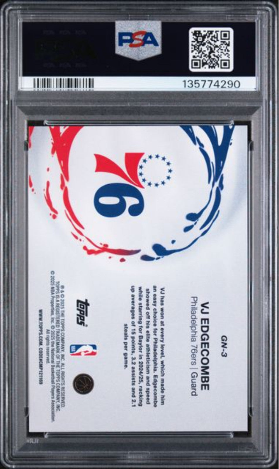 Graded 2025 Topps VJ Edgecombe #GN3 Holo Foil Rookie RC Basketball Card PSA 10